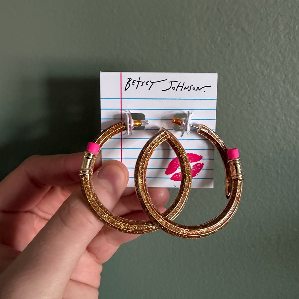 Betsey Johnson Gold Hoop Earrings with Pink Accent